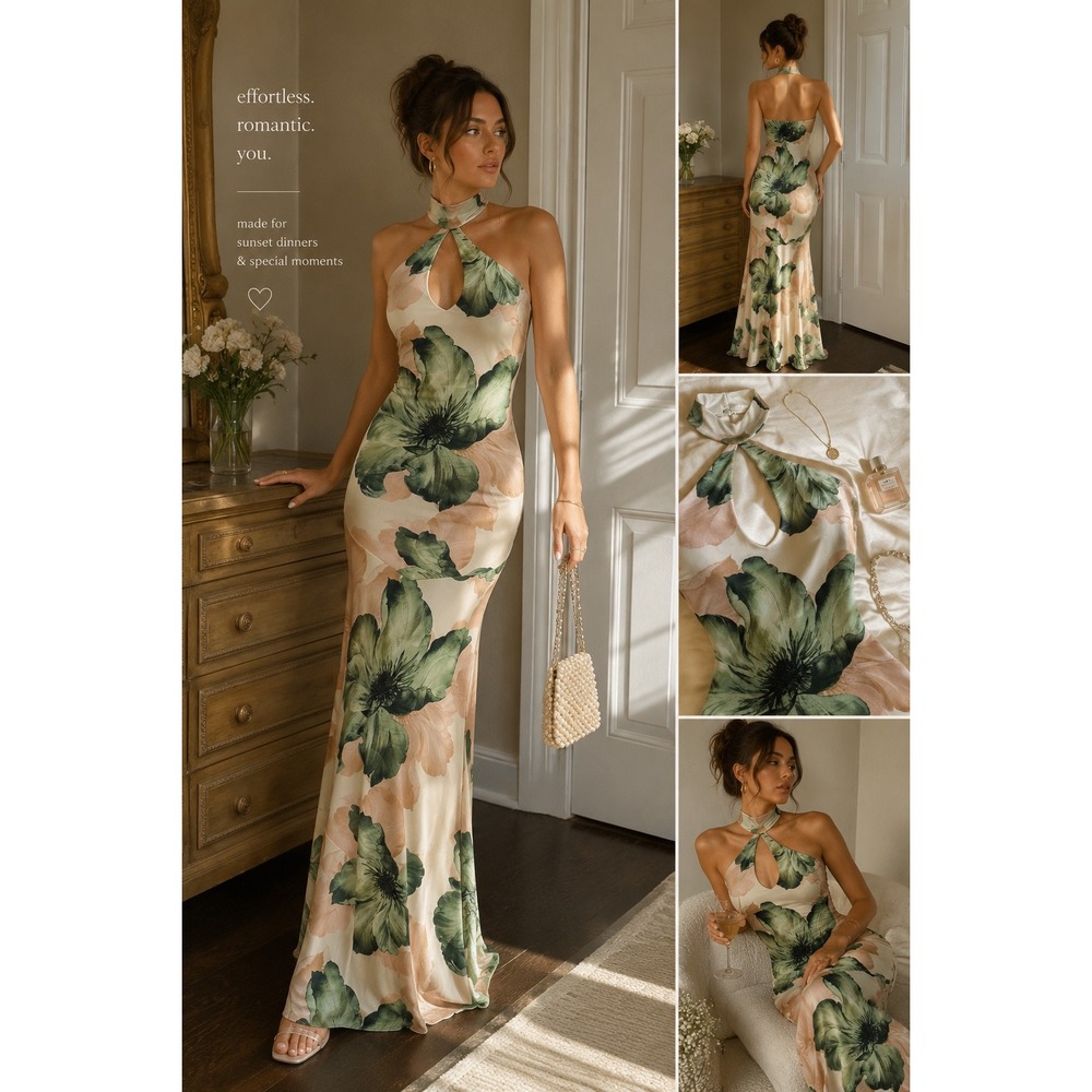 Fairycore Floral Halter Maxi Dress Cottagecore Mermaid Bodycon Coquette Size S